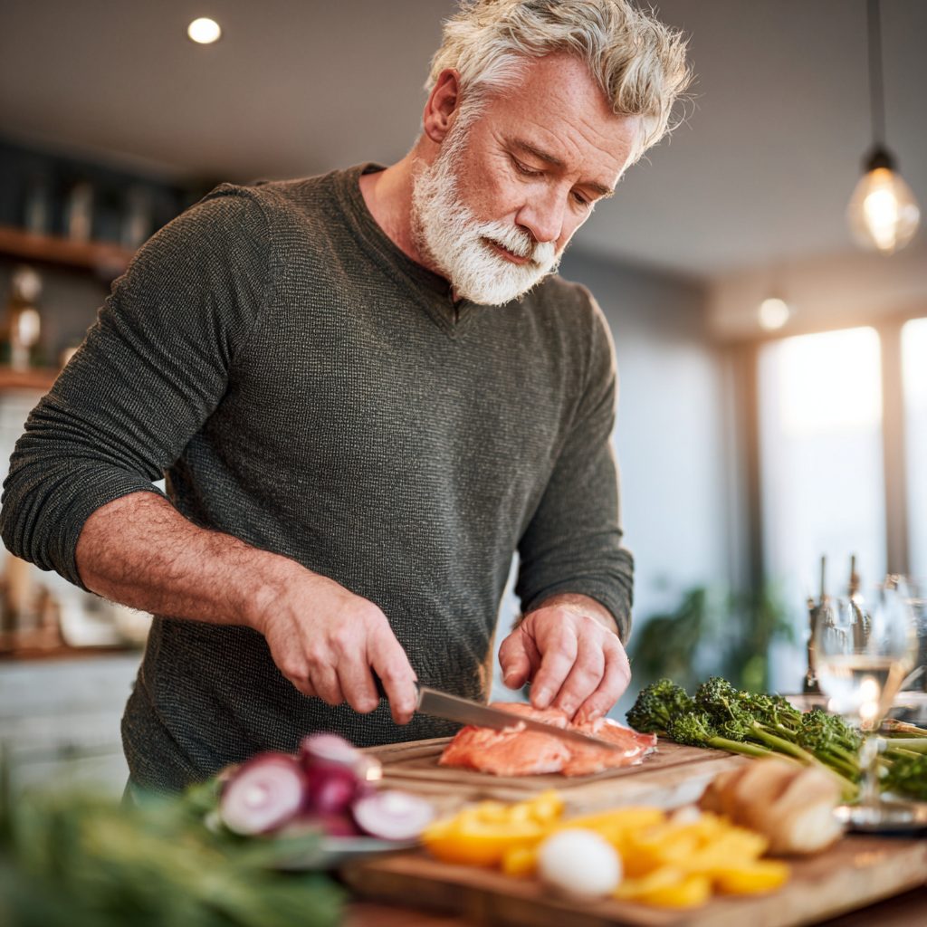 mature man preparing balanced meal following nutrition plan