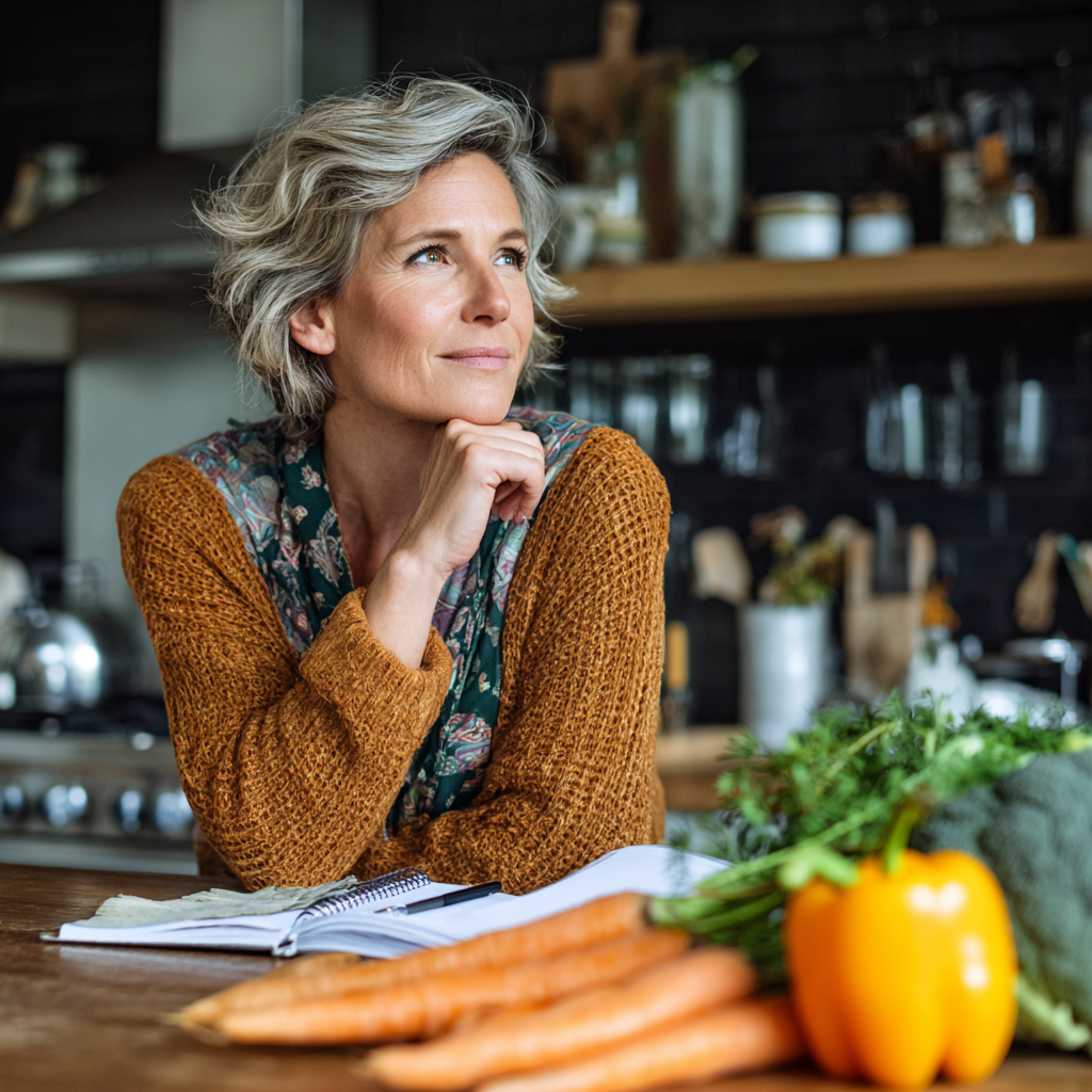 middle-aged woman planning healthy meals in modern kitchen